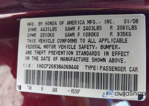 2008 Honda Accord 2.4 Ex-L z USA, uszkodzony, nr VIN 1HGCP26838A068446
